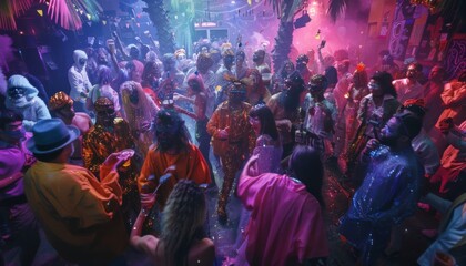 partying at a freaky nightclub party, lots of weird food and drinks, trippy party scene
