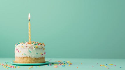 a small birthday cake with a lit candle and a clean pastel green background, copy space on the right