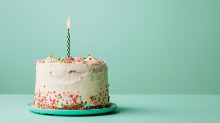 birthday cake with a lit candle and a clean pastel green background, copy space on the right