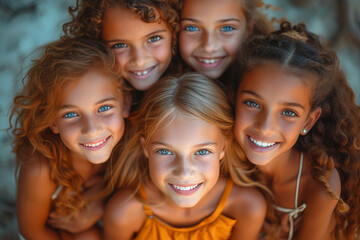 Fototapeta premium Close up of pre-teen friends in a park smiling to camera