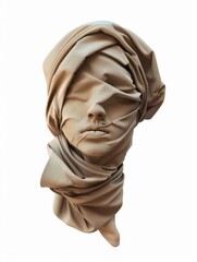 A young woman's face sculpted and covered with fabric. This artwork portrays a face using cloth, set against a white background.