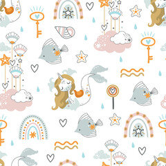 Seamless pattern with Sea Pony, fish, shells and stars. Printing on fabric and wrapping paper.