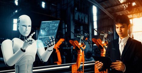MLP Mechanized industry robot and human worker working together in future factory. Concept of...