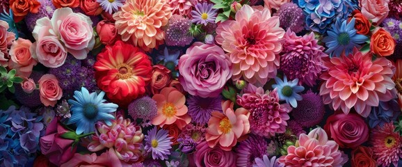 Naklejka premium Bask In The Beauty Of A Colorful Flowers Background, Adorned With Aster, Carnation, And Rose Flowers, Offering A Captivating Top-Down View , Background HD For Designer 