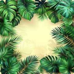 Tropical leaves background vector presentation design, green monstera and palm leaves framing a beige background, exotic jungle summer concept with space for copy text. Generative AI.