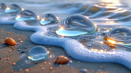   A group of bubbles floats atop a beach beside a body of water and a shell