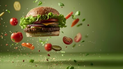  a delicious burger with ingredients flying around, hero website screen, isolated on green background