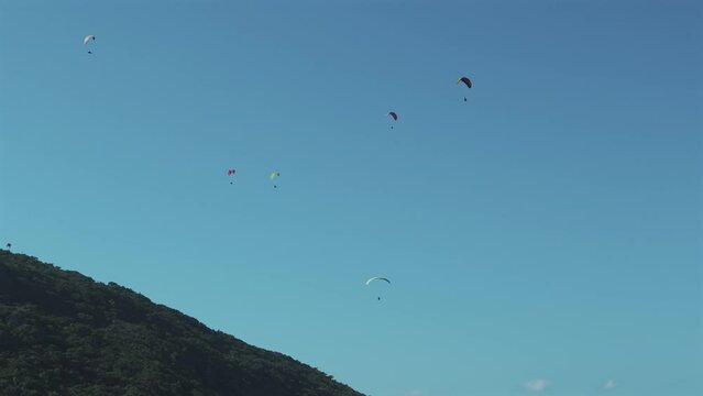 Seven paragliders soar in harmony near a verdant mountain on a beautiful sunny day.