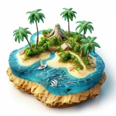 Tropical island beach sea 3D cartoon model. Generative AI technology.	

