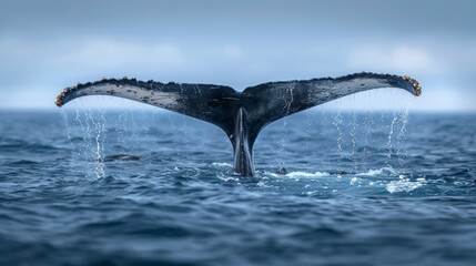 Obraz premium The tail of a majestic whale breaks the surface of the Pacific Ocean during a whale watching expedition.