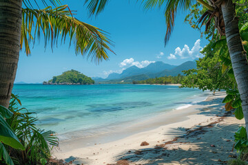 Idyllic and secluded beach scene with smooth sands and tranquil azure waters, framed by palm trees.. AI generated.