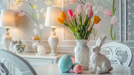 Interior design of easter dining room with colorful easter eggs white hare sculptures vase with tulips plants lamp