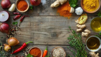 photographic quality image of a wooden kitchen table surround with ingredients, including onions, fresh ginger and garlic, red chili powder, turmeric powder, vegetable oil , Salt