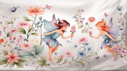 Adorable watercolor flower fairies with red hair, perfect for storybook illustrations, notebooks, nursery posters or fairy tale projects.