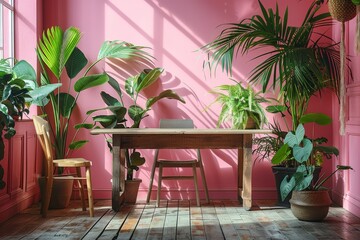 Elegant, but simple small wood table banquet in a boho plant room with pink walls and a wood floor....
