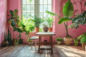 Elegant, but simple small wood table banquet in a boho plant room with pink walls and a wood floor. Generative AI.
