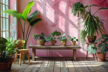Obraz premium Elegant, but simple small wood table banquet in a boho plant room with pink walls and a wood floor. Generative AI.