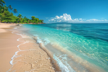 Peaceful beach panorama with crystal clear calm waters and fine sandy shores under a refreshing blue sky.. AI generated.