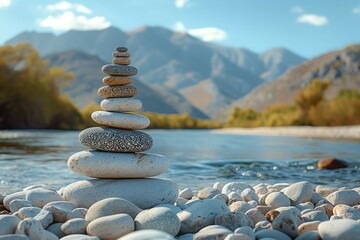 Rock cairn on a background of a mountain river
