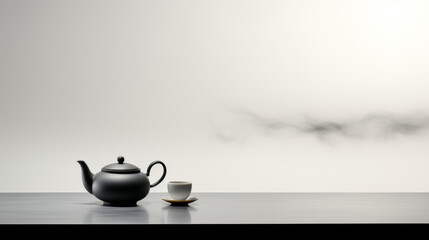 A black tea kettle sits on a table next to a white cup - Powered by Adobe