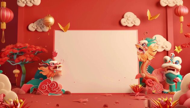 blank paper in the central on red background with fantastic lunar new year celebration red and gold theme with flying cute baby Chinese dragons - Powered by Adobe