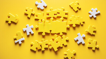 a group of puzzle pieces on a yellow surface