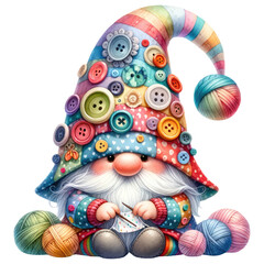 Cute cartoon gnome with a colorful hat and yarn. Perfect for a children's book illustration or a whimsical marketing campaign.