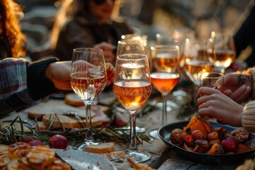 Naklejka premium Glasses of pink wine or champagne on a serving table, party
