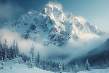 Majestic mountain view during winter with snow-capped peaks. AI generated.