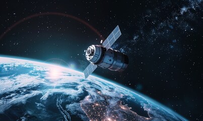 A satellite in orbit above the Earth, taking realistic photographs with a space background.