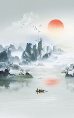 Chinese style blue artistic conception ink landscape painting background