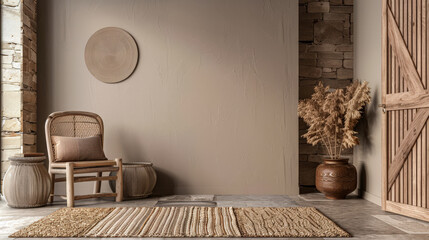 Serene minimalist interiors with natural textures and warm colors. Interior design composition with...