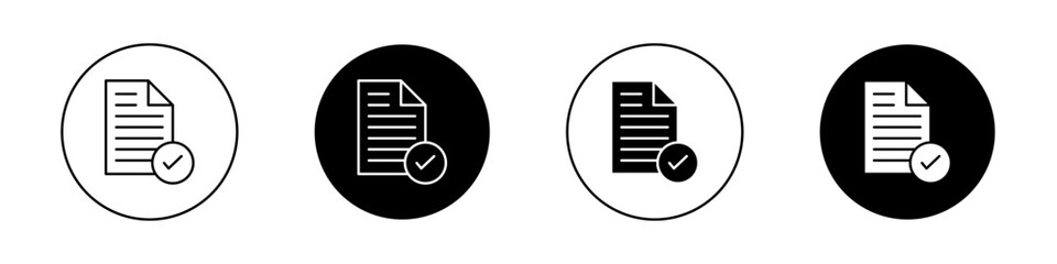 Accept document icon set. summary done sign. qualification paper with tick mark. authorize agreement paper vector symbol. request form done icon. test pass symbol in black filled and outlined style.