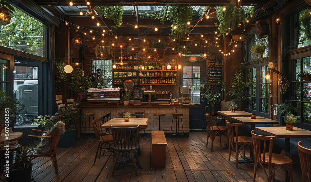 Poster a cozy dining room with wooden floors and white tile walls and ceiling covered in string lights. lar