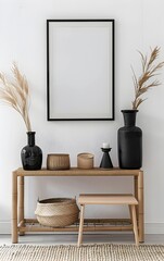 Modern Scandinavian home interior of a living room with a design golden console, black vases and wooden accessories in a wicker box