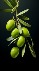 Green olives with leaves on black background