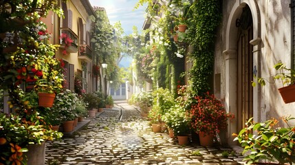 A charming cobblestone street embraced by an abundance of vibrant potted plants, creating a picturesque and serene atmosphere