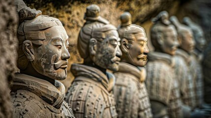 Fototapeta premium The Terracotta Army, the vast collection of life-sized terracotta warrior sculptures in China, standing guard in their underground tomb. 