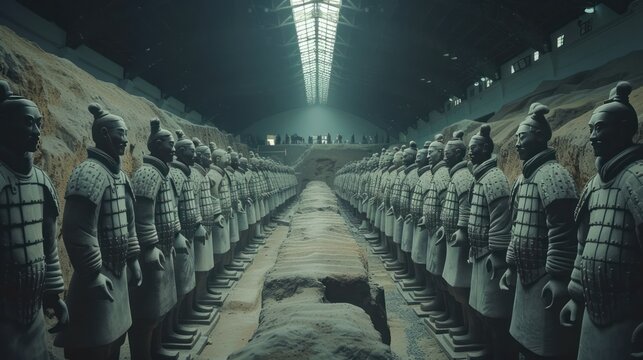 The Terracotta Army, the vast collection of life-sized terracotta warrior sculptures in China, standing guard in their underground tomb.  
