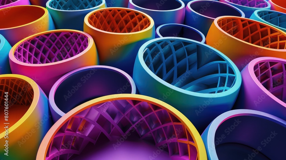 Poster a visually dynamic of primary colorful geometric cones like stains mash abstract background