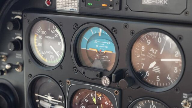 Cockpit dashboard view of a DA40 plane. Small aircraft instruments while in flight