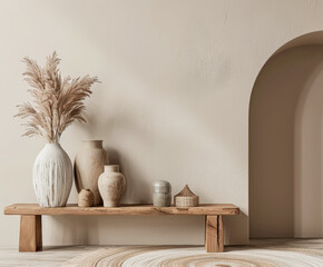 Serene minimalist interiors with natural textures and warm colors. Interior design composition with...