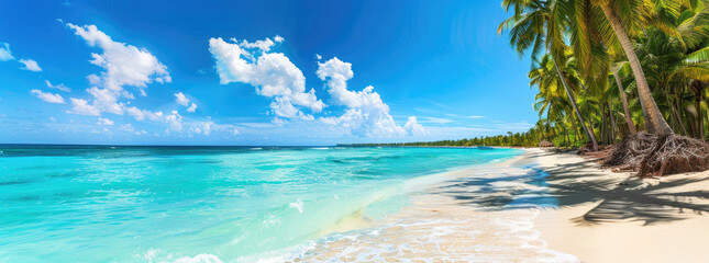 Idyllic tropical beach panorama with turquoise water, white sand, and palm trees, perfect for travel ads and blogs