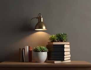 Lamp, books and succulent plant on the shelf against empty wall mockup