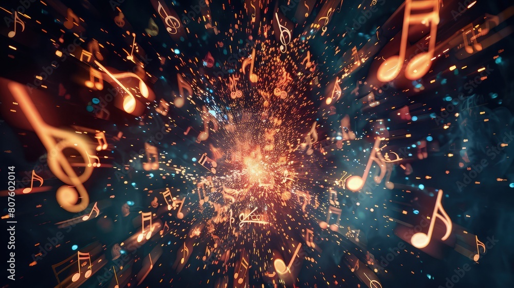 Poster a visually striking explosion of musical notes abstract background with fire on backdrop