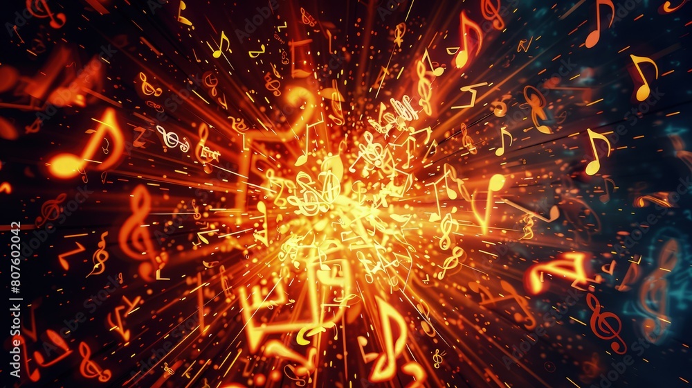 Poster a visually striking explosion of musical notes abstract background with fire on backdrop