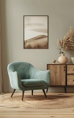 modern interior design featuring an armchair and sideboard in a light green color with an illustration poster on the wall