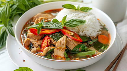 Warm and steaming chicken broth with vegetables and chunks of meat. With rice or noodles . AI generative.