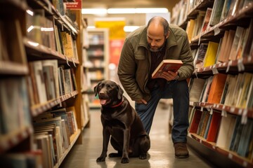 
A middle-aged man with his Labrador Retriever browsing the shelves of a pet-friendly bookstore,...