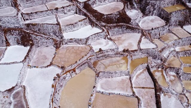 Salt Mines of Maras in the Sacred Valley of Peru, aerial overview of production process